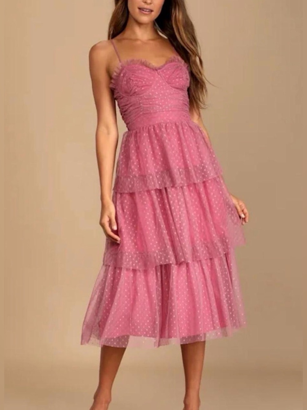 Lulu's Dusty Rose Polka Dot Tulle Tiered Midi Dress Size M